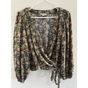 American Eagle‎ Top Womens Large Green Cropped Tie Floral Boho Prairie Festival